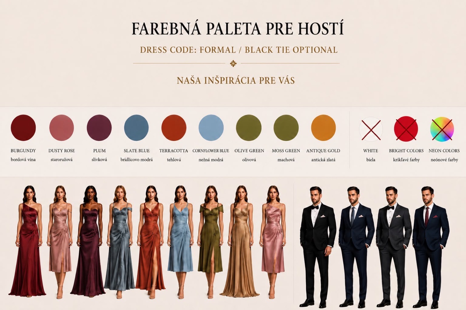 Farebná paleta pre hostí — ukážka spoločenských šiat v povolených odtieňoch a tmavých pánskych oblekov